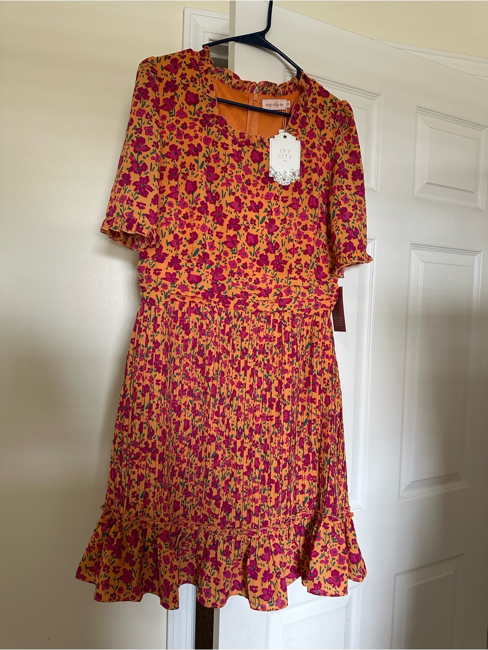 Ivy City Co raven dress orange and Pink Floral Ruffle Dress